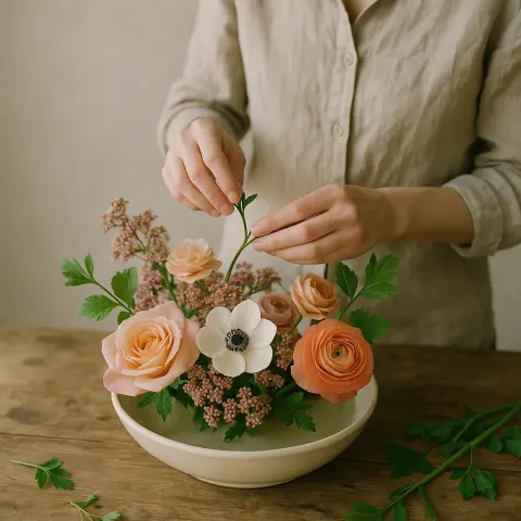 Write a Description of Someone Meticulously Placing Flowers