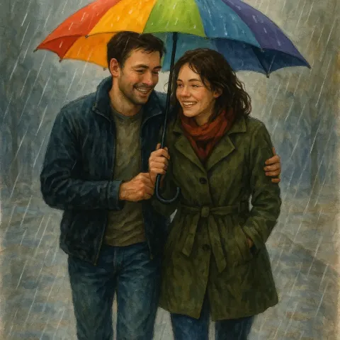 Couple Walking Together in the Rain