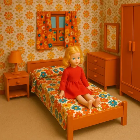 Retro Dollhouse Bedroom with Orange Furniture