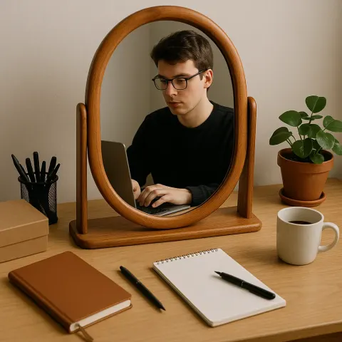 Person Working on a Laptop Is Reflected in an Oval