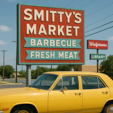 Sign for Smitty's Market Featuring Barbecue