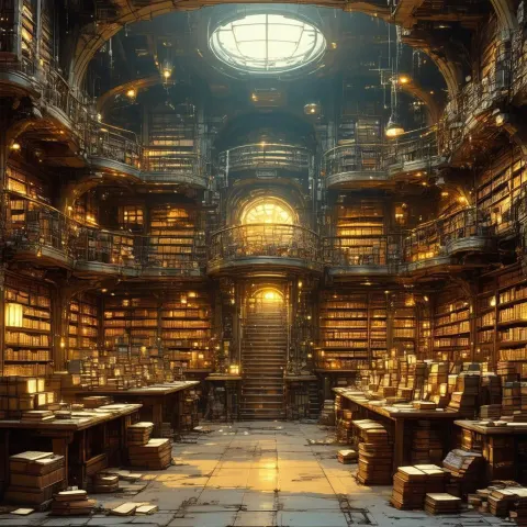Cozy Post Apocalyptic Library in Golden Anime Light