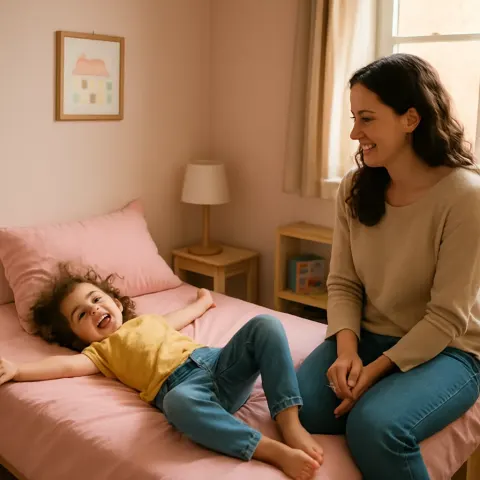 Child Lies Playfully on a Pink