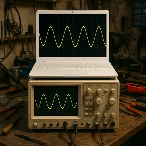 White Laptop Placed on Top of an Oscilloscope
