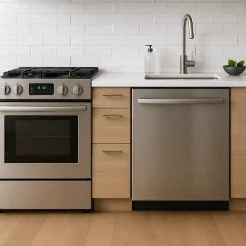 Contemporary Kitchen Featuring a Polished Stainless Steel Range