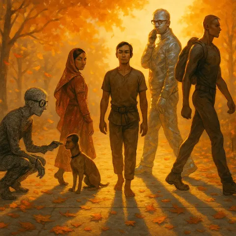 Six Diverse Figures and an Animal Companion Interact