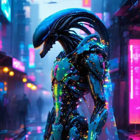 Neonpunk Mantis Xenomorph Hybrid in Future City
