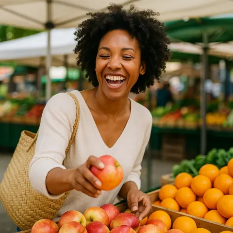 Woman Laughs Cheerfully While Selecting Fruit from a Display