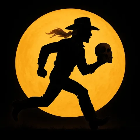 Cowboy with a Blond Ponytail Runs Holding a Skull