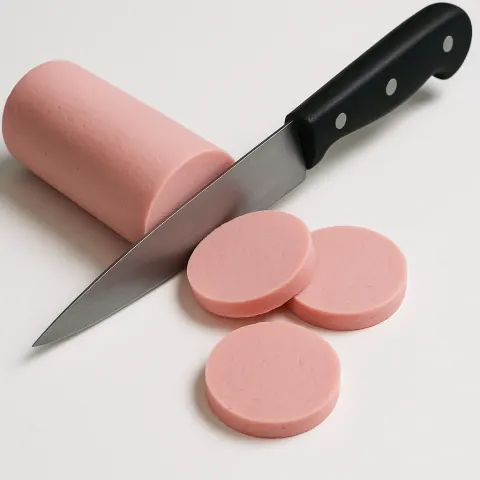 Black-handled Knife Slicing a Pink Cylindrical Object