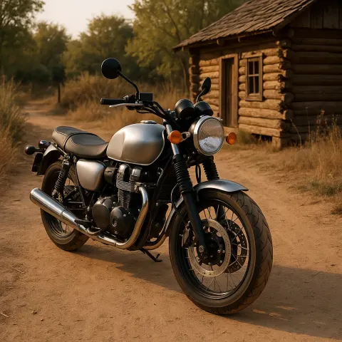 Metallic Silver Motorcycle Rests on a Dirt Trail Close