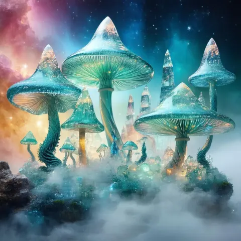 Glass Mushrooms and Crystal Mountains Under Nebula Skies