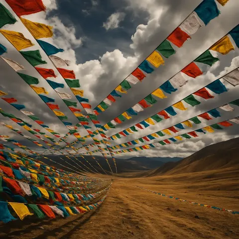 Countless Colorful Prayer Flags Flutter on Long Strings