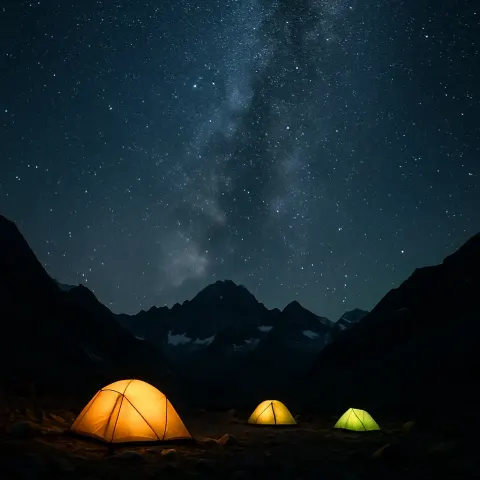 Few Small Tents Glow Faintly at a Remote Mountain Base
