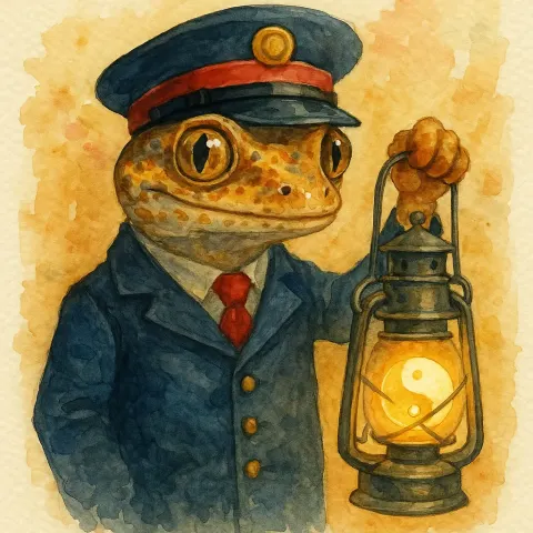 Watercolor Painting of a Gecko Dressed in a Stationmaster's Uniform