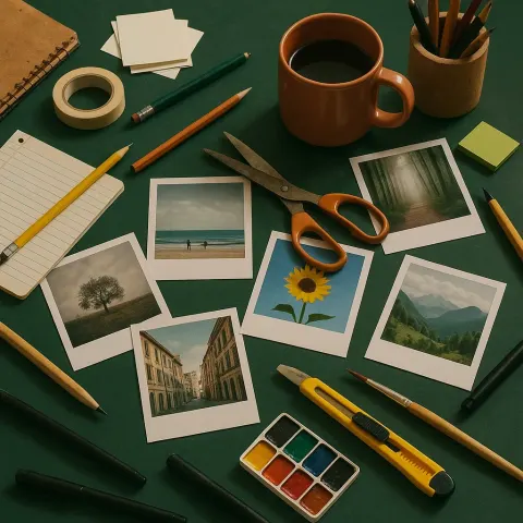 Cluttered Desk with Photos