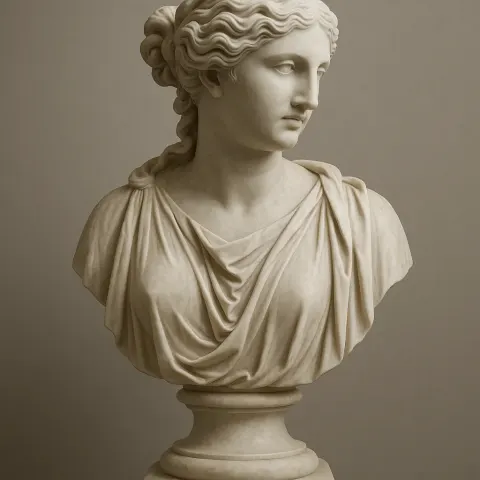 Marble Bust Sculpture Featuring Flowing Drapery and Intricate Hair Details