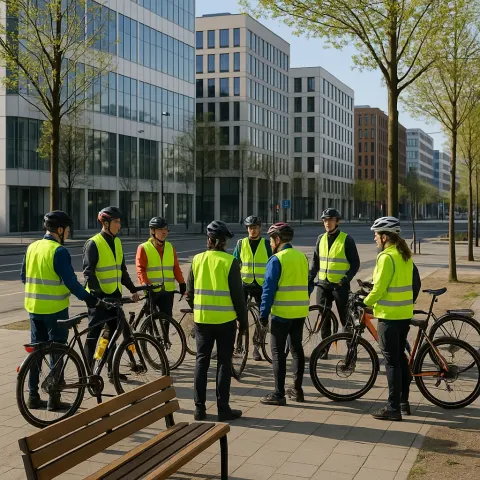 Group of Cyclists Wearing Reflective Vests Gather near Benches