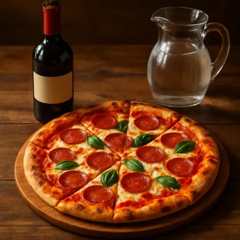 Wooden Table Holds a Freshly Cut Pizza