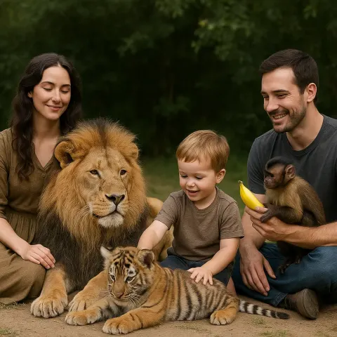 Lion Rests Next to a Woman