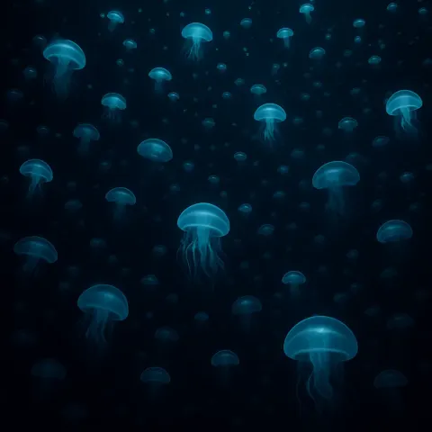 Immense Swarm of Countless Bioluminescent Jellyfish Drifts Silently