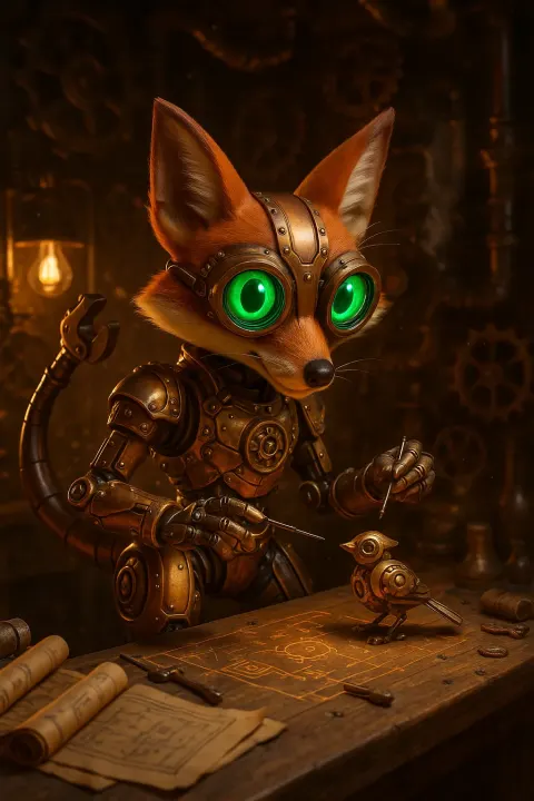 Dynamic 3D Depiction of a Steampunk-inspired Anthropomorphic Fox Equipped