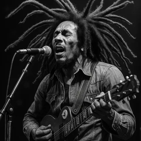 Dynamic Black-and-white Image of Bob Marley Performing on Stage