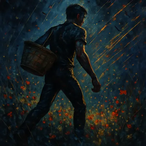 Athletic Dark-haired Figure with a Woven Basket Strides