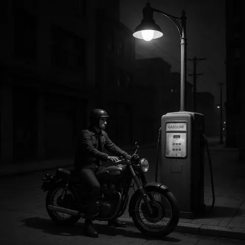 Person Sits on a Vintage Motorcycle Beside a Gas Pump