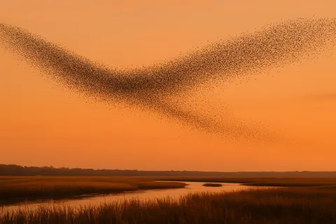 Vast Migration of Countless Tiny Birds Forms a Flowing
