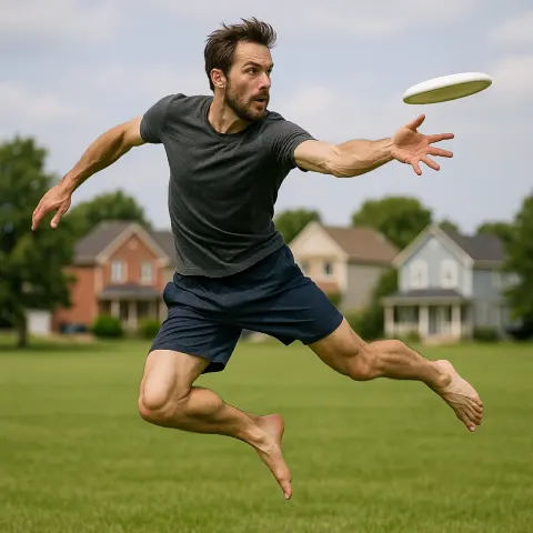Barefoot Man in Mid-air Performs a Dynamic Frisbee Throw