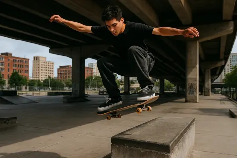 Skateboarder Performs a Trick Off a Ledge in an Urban