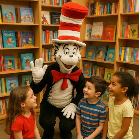 Person Dressed as the Cat in the Hat Interacts
