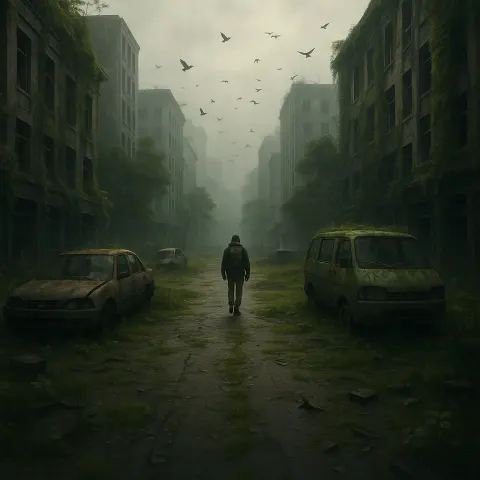 Deserted City Street Overgrown with Vegetation