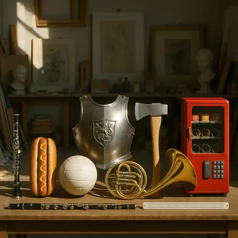 Meticulously Arranged Tableau Within an Artist's Studio—amidst Scattered Canvases