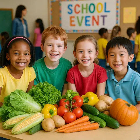 Children Gathered Around a Table with Fresh Vegetables and Produce
