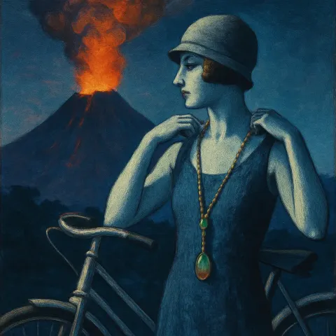 Profiled Against a Smoking Volcanic Summit's Lava Glow