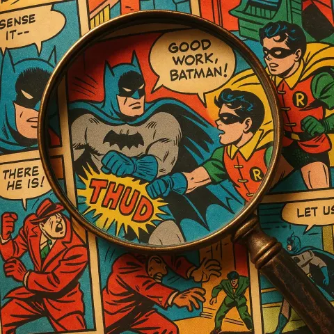 Retro Magnifying Glass Exposing Intricate Elements from a Vibrant Batman