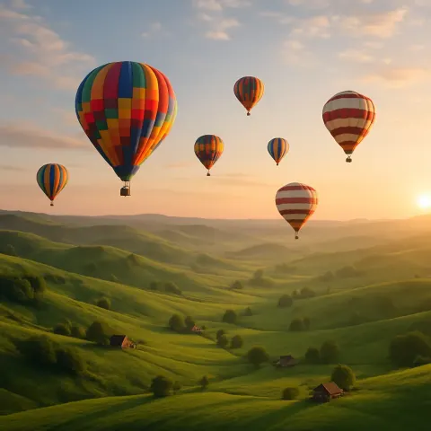 Small Flotilla of Colorful Hot Air Balloons Drifts Peacefully