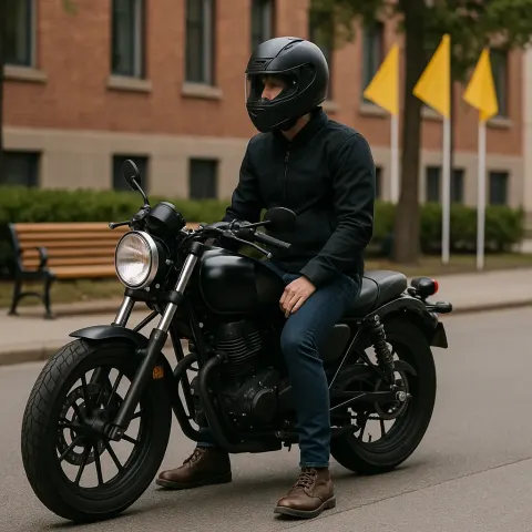 Person Sitting on a Parked Black Motorcycle on a City