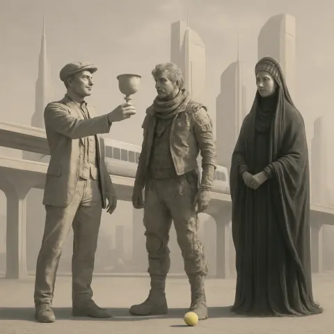 Industrial Revolution-era Figure with Outstretched Arms Presents a Goblet