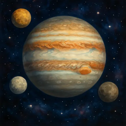 Artistic Representation of Jupiter Encircled by its Moons