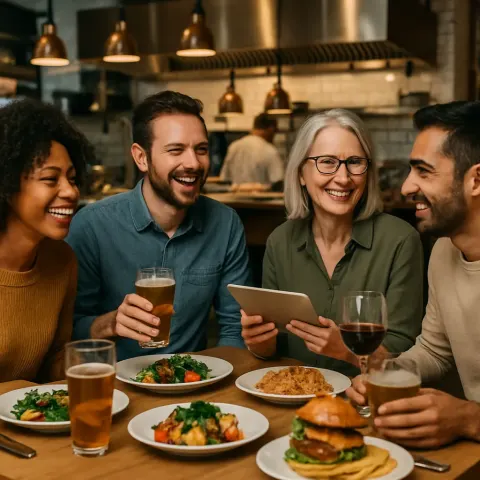Group of People Seated at a Restaurant Table with Drinks