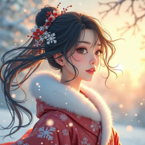 Snow Maiden in a Kimono of Falling Snowflakes