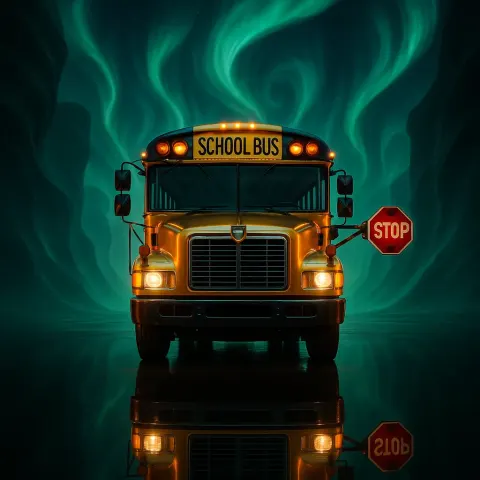 Bold Metallic Flat-nosed School Bus with Extended Stop Arm