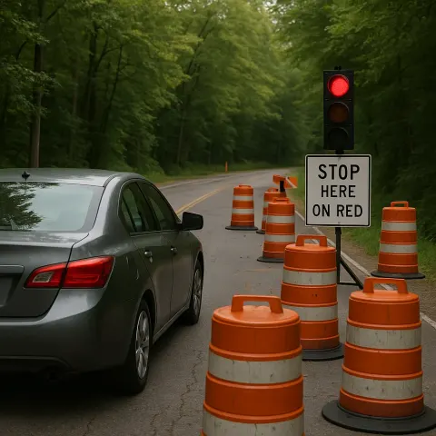 Vehicle Stopped at a Temporary Roadblock with Orange Traffic Barrels