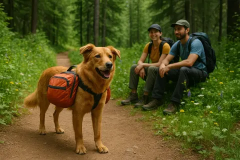 Hiking Dog Wearing a Backpack Stands on a Dirt Path