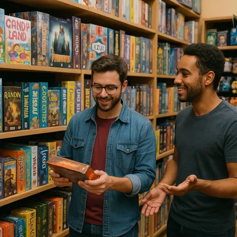 Two Men Browsing Board Games and Merchandise in a Store