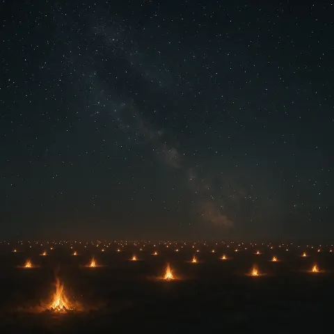 Countless Distant Bonfires Flicker Like Scattered Embers Across a Vast