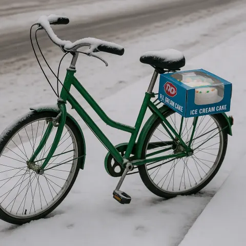 Green Bicycle Parked on a Snowy Sidewalk